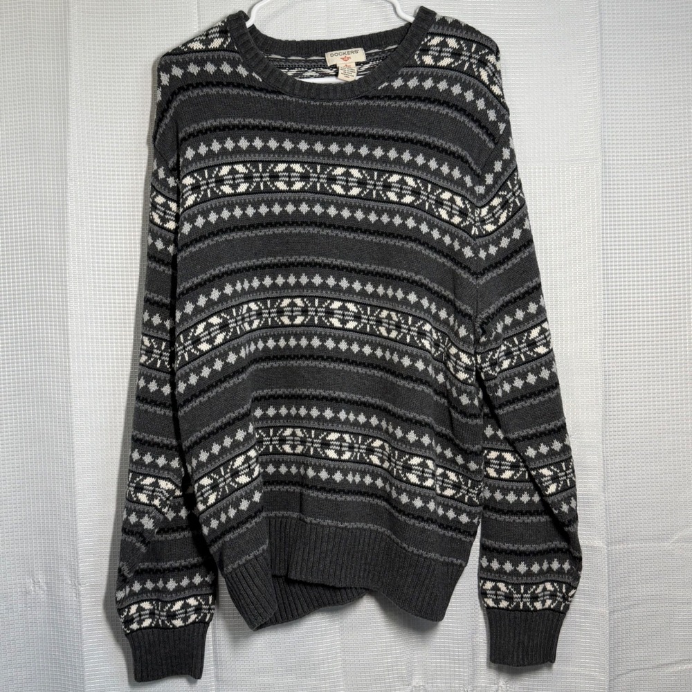 Dockers Sweater XL Gray Fair Isle Nordic‎ Knit Crewneck Cotton